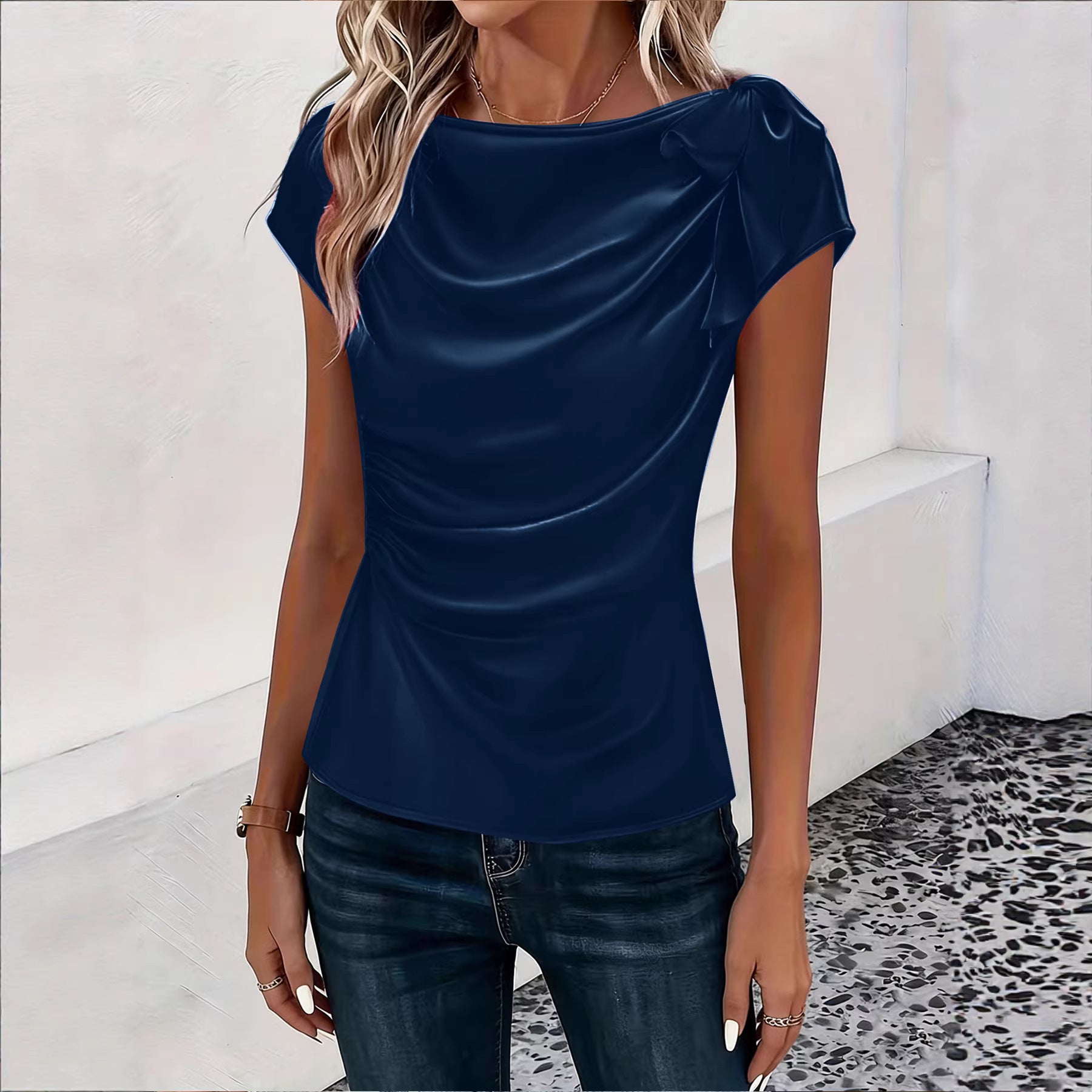Solid-color Satin Faux-silk Off-the-shoulder Sleeveless Work Top