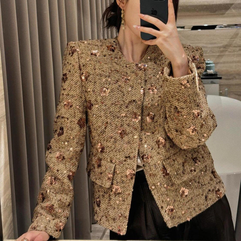 Gold Sequined Coat Tweed Padded Top