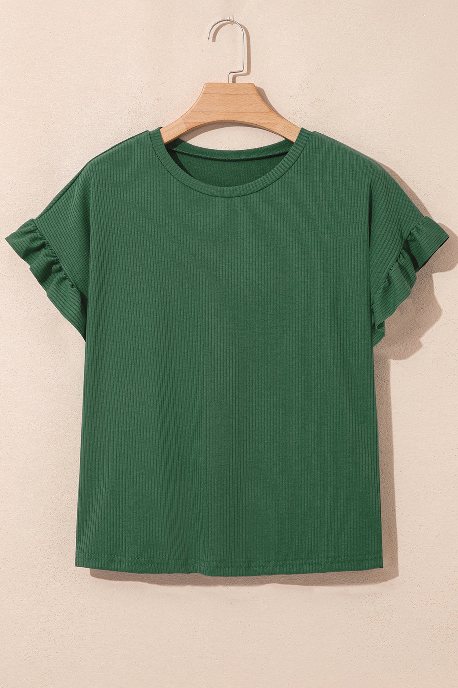 Blackish Green Solid Color Ribbed Ruffled Short Sleeve T Shirt