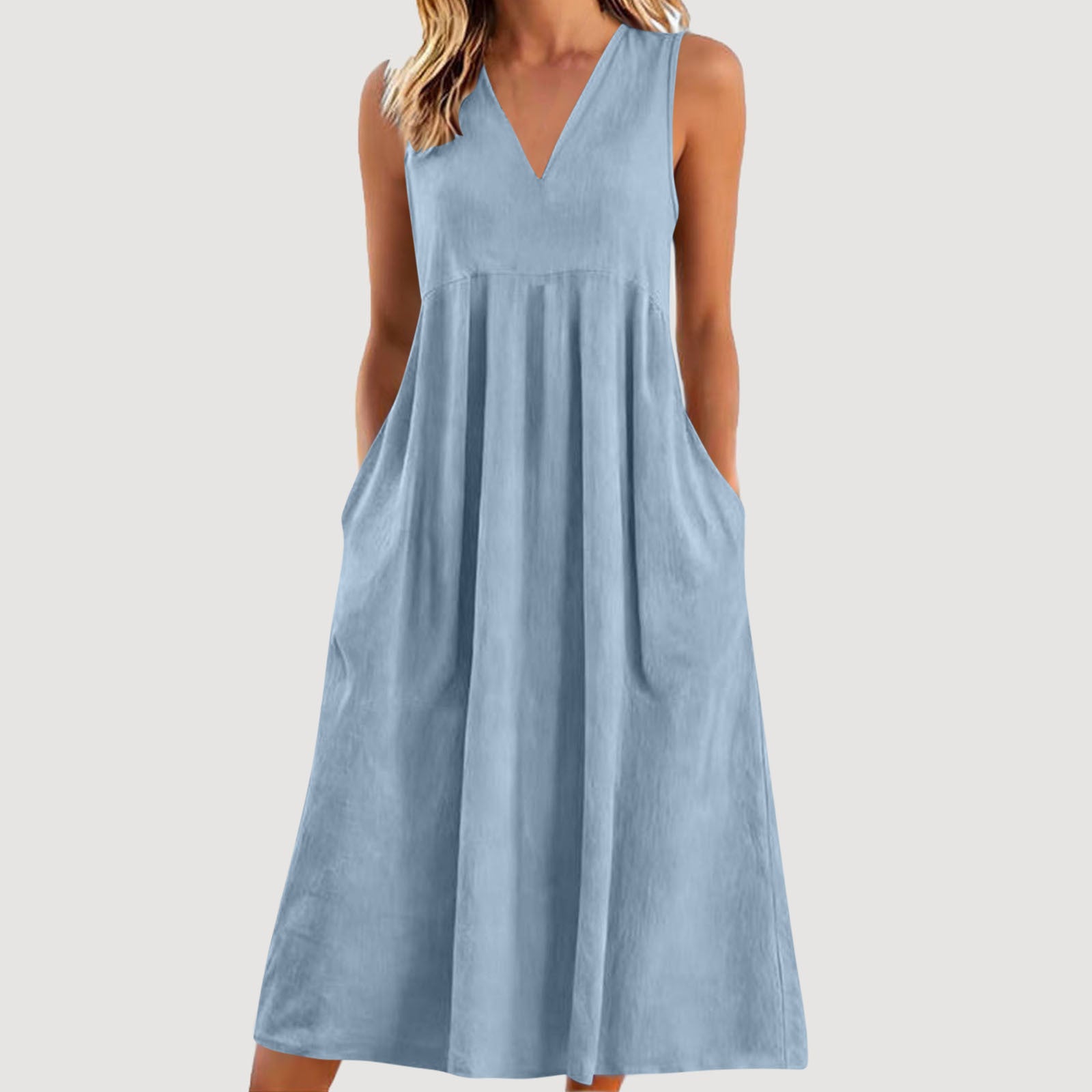 Loose-fitting Cotton-linen Dress With A V-neck And No Sleeves