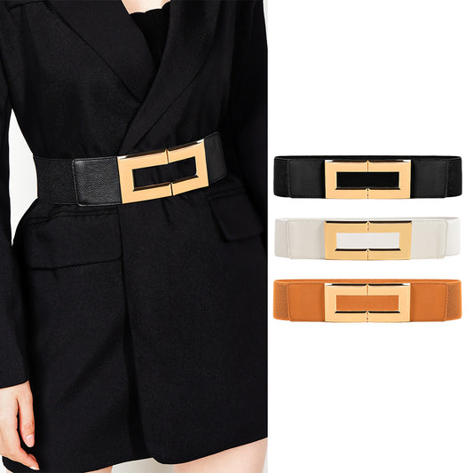 Women's Simple Temperament Elastic Wide Belt Metal Square Buckle Belt Suit Jacket Dress Multi-colored Casual Belt