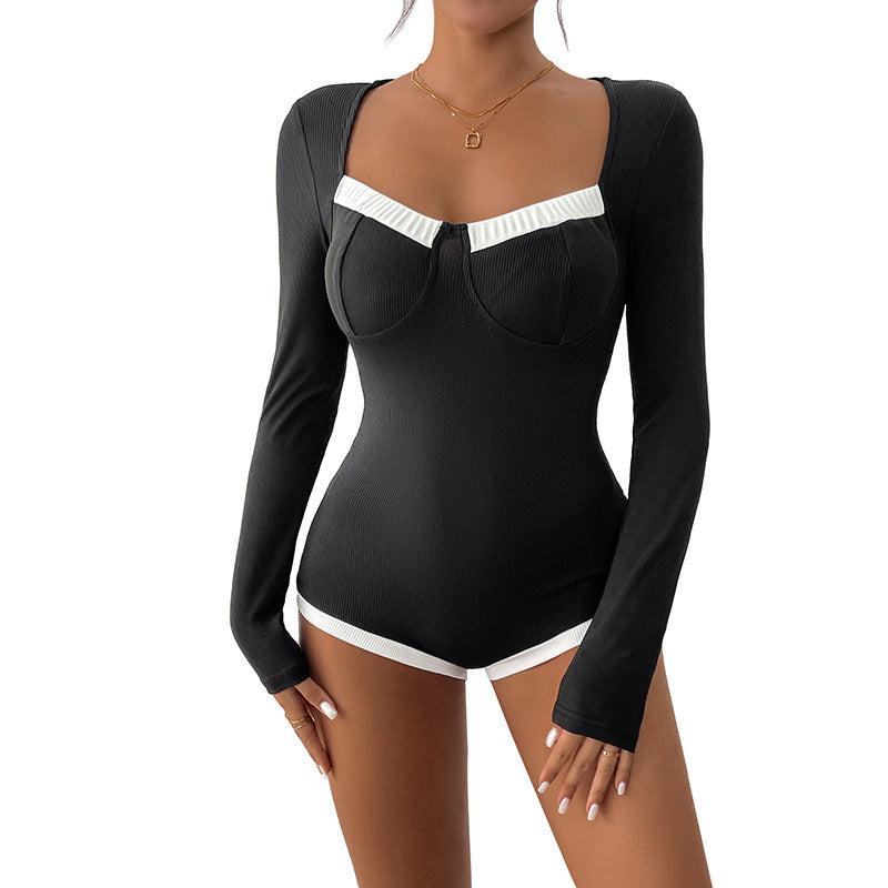 Long Sleeve Square-neck Contrast Color Knitted Jumpsuit