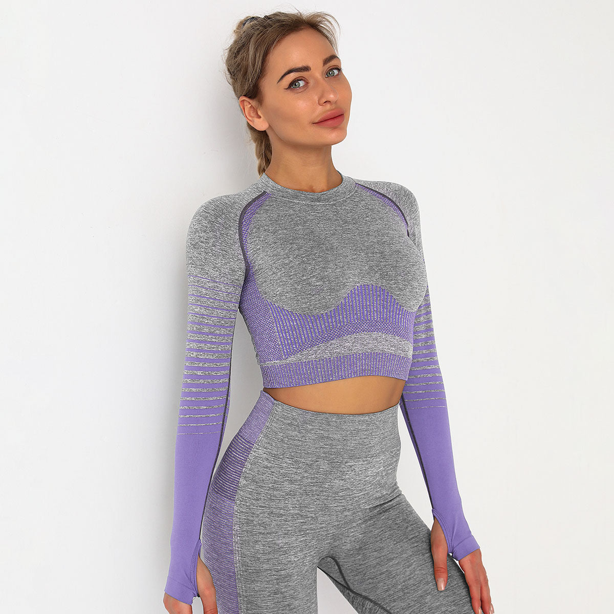 Women's Tights Seamless Knitted Color Matching Yoga Long Sleeves