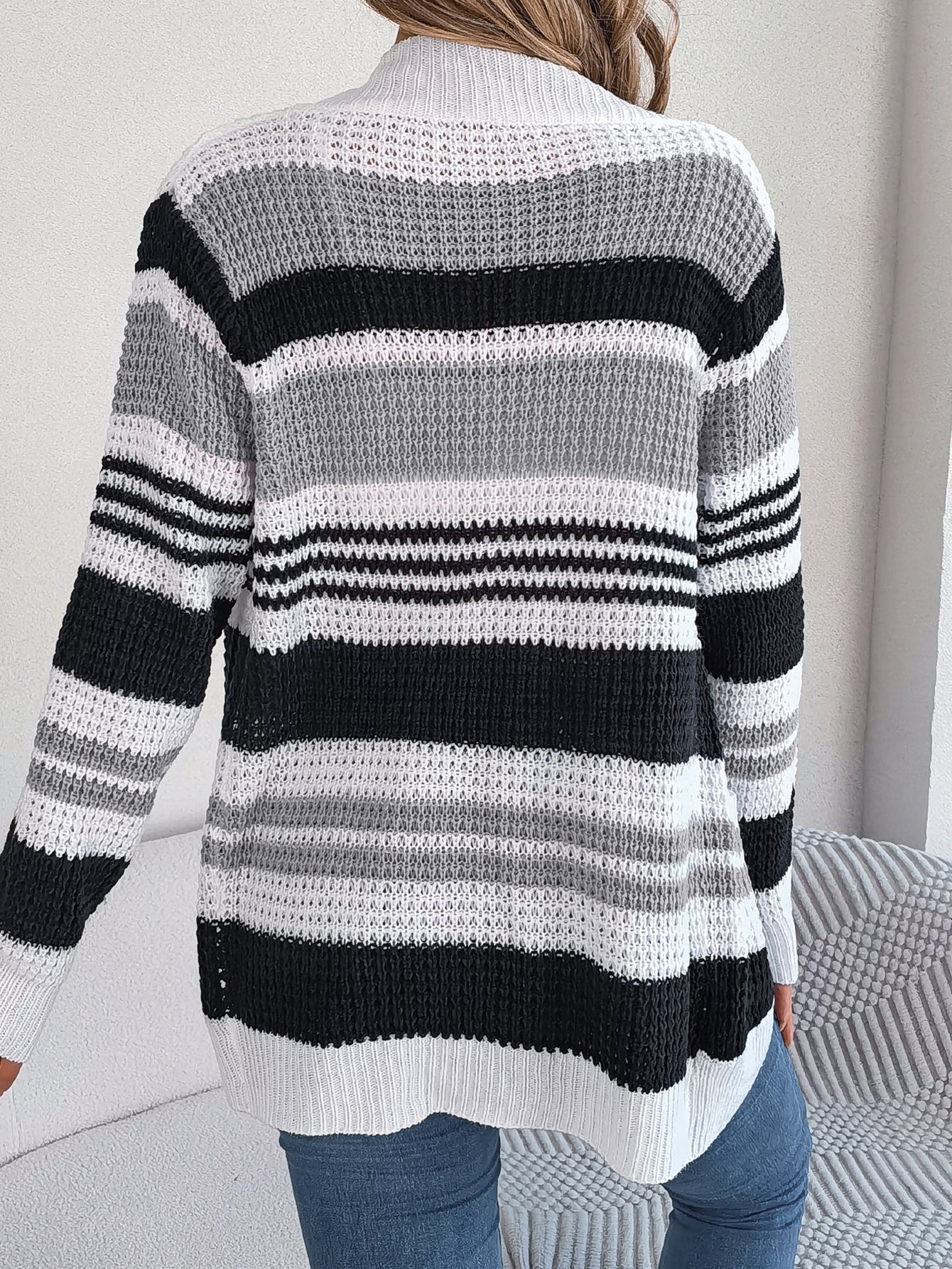 Women Casual Color Block Stripe Pocket Long Sleeve Cardigan Sweater