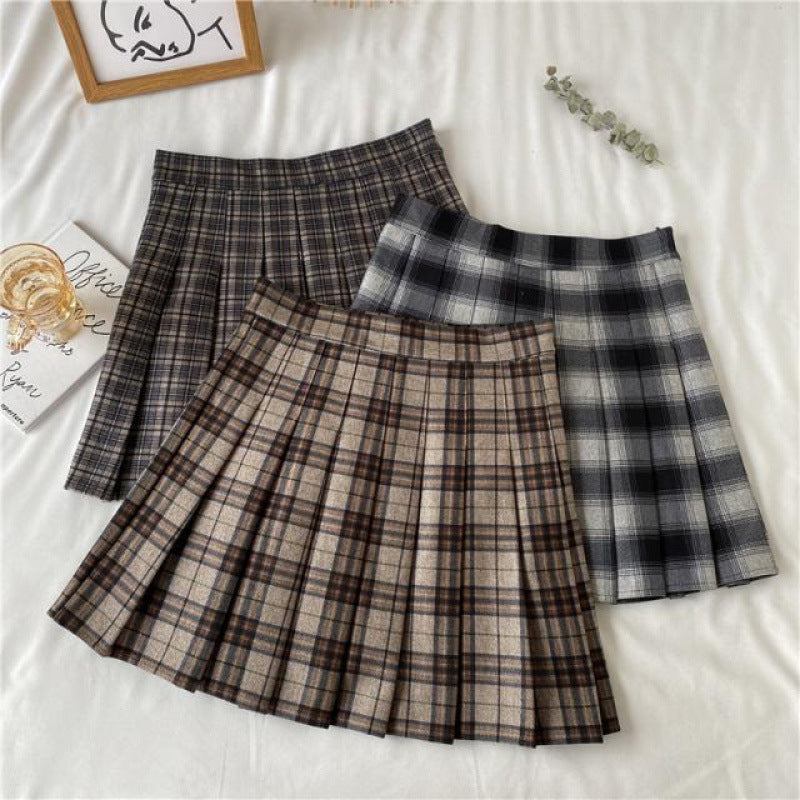 Autumn Winter Retro Coffee Color Plaid High Waist Half-length Summer Dress For Women