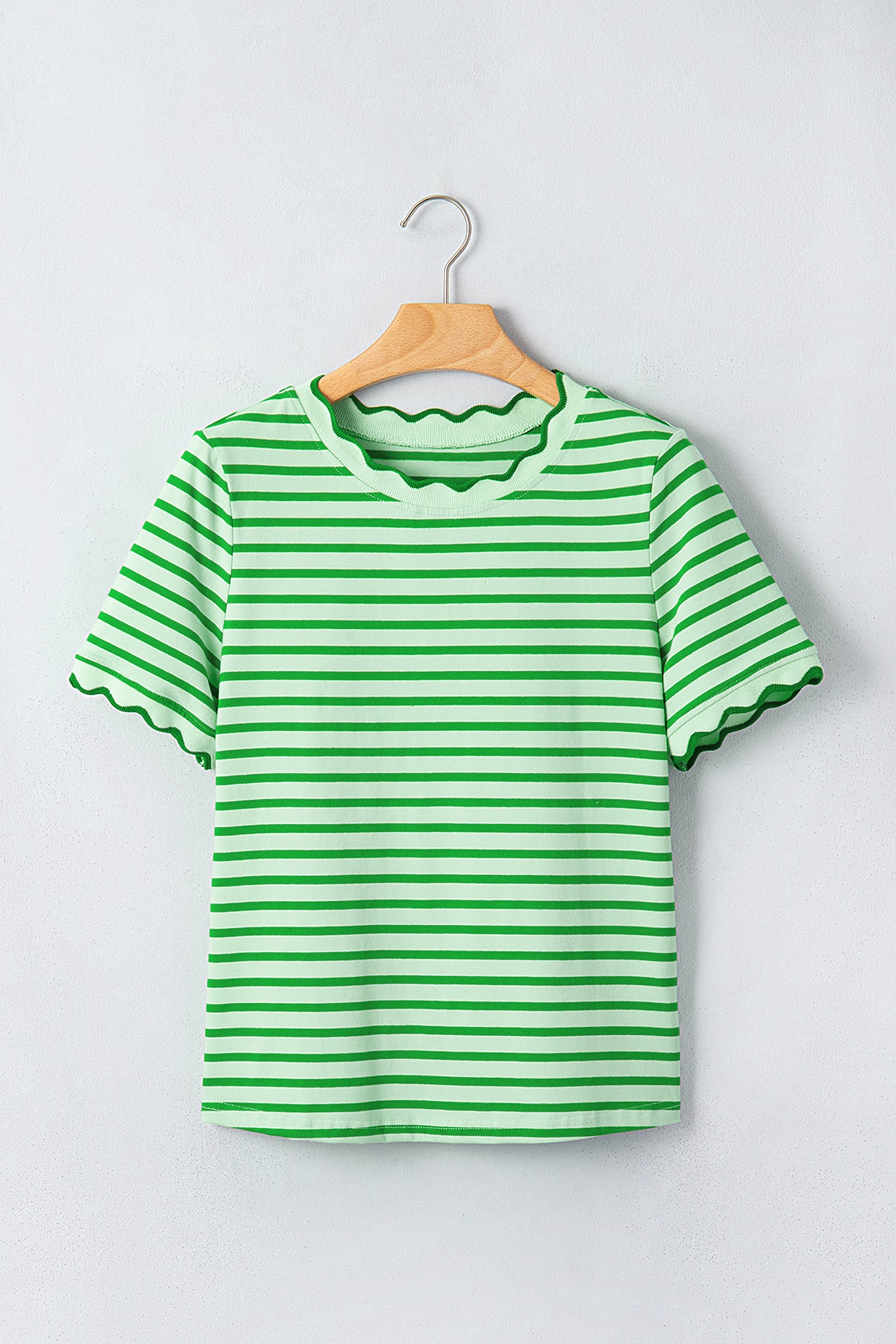 Red Stripe Scalloped Trim Round Neck T Shirt
