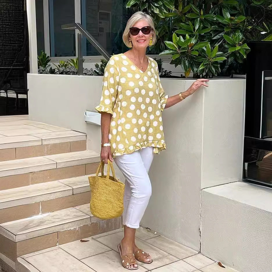 Short Sleeve V-collar Polka Dot Printed Cotton And Linen T