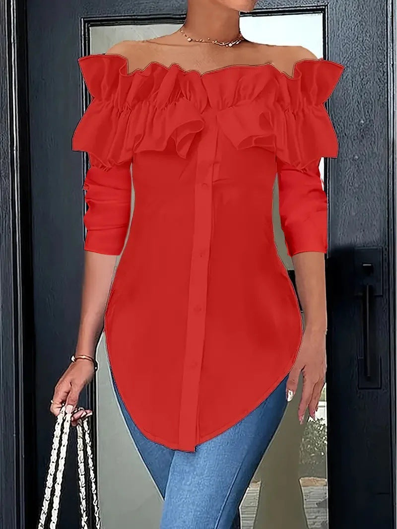Simple Solid-Color Off-the-Shoulder Ruffle-Trim Shirt Top
