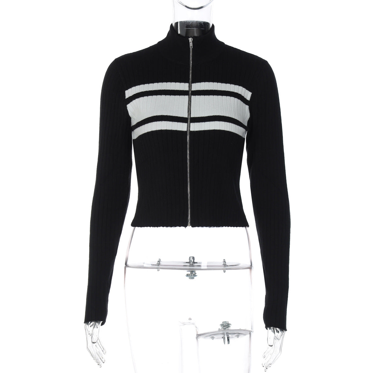 Contrast Zip Cardigan Tops Slim Long Sleeve Sweater