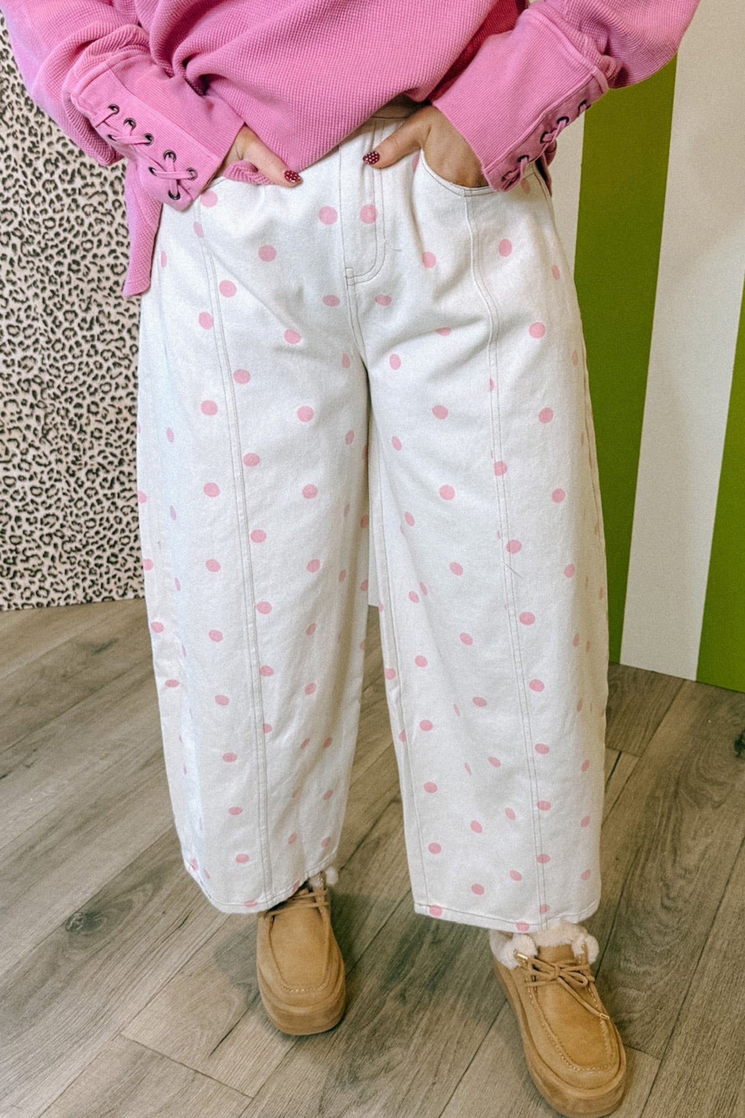 Blue Tailored Seam Polka Dot Print Barrel Casual Jeans