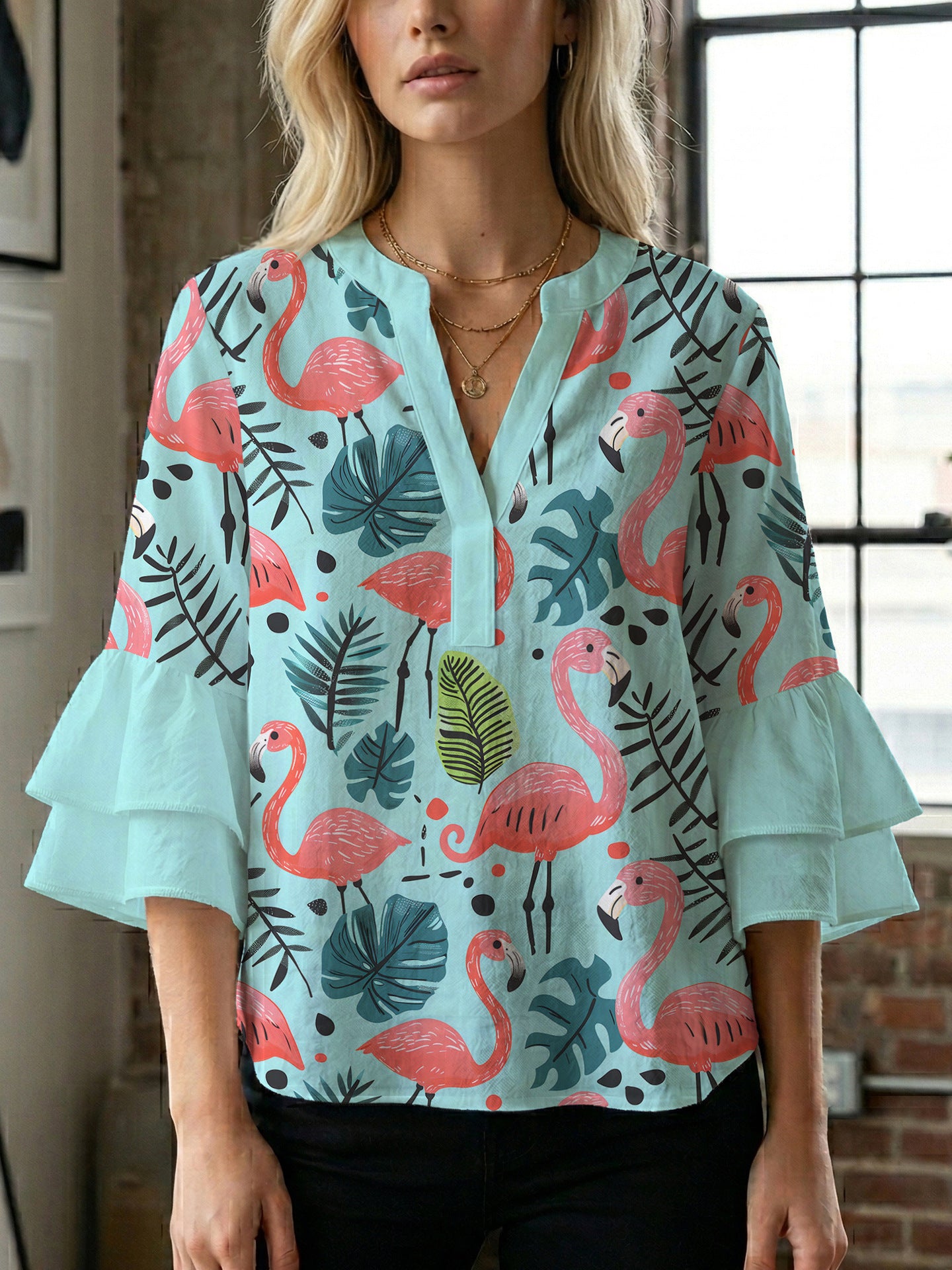 Women's Digital Print Puff Sleeve Top