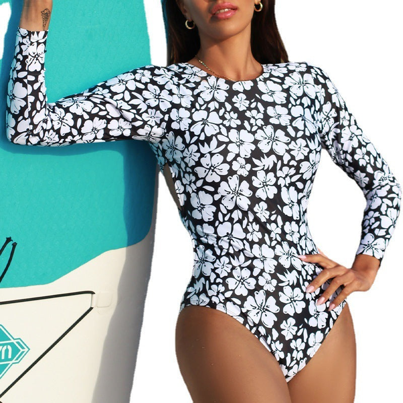 Tight Floral Cutout Sunscreen Conservative Swimsuit
