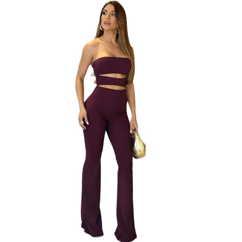 Long Sleeve Top Slim-fit Hollowed Out Flared Jumpsuit For Women