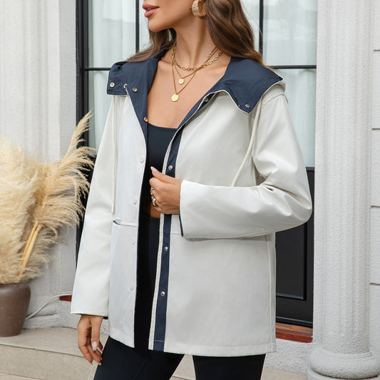 Women's Retro Color Block Hooded Casual Jacket