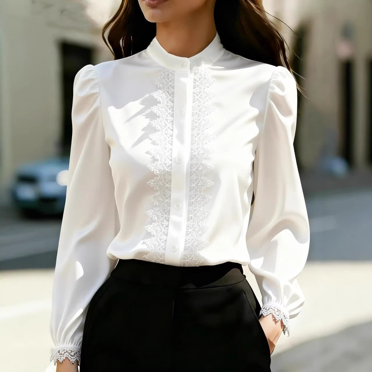 Satin Lace-Patchwork Stand-Collar Shirt Top For Women