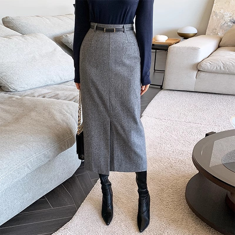 Gray Women's Autumn And Winter Thickened High Waist Mid-length Commuting Figure Flattering Sheath Skirt