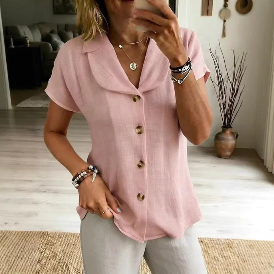 Womens Button-Down Loose Solid-Colored Short-Sleeve Shirt