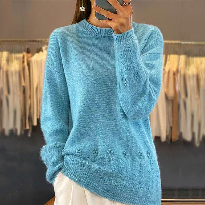 Women's Solid Color 3D Floral Embroidered Sweater, Loose Round Neck Long Sleeve Pullover For Autumn & Winter
