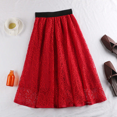 Spring And Summer Elastic High Waist Slimming Lace Crochet Hollow Large Swing A- Line Umbrella Skirt