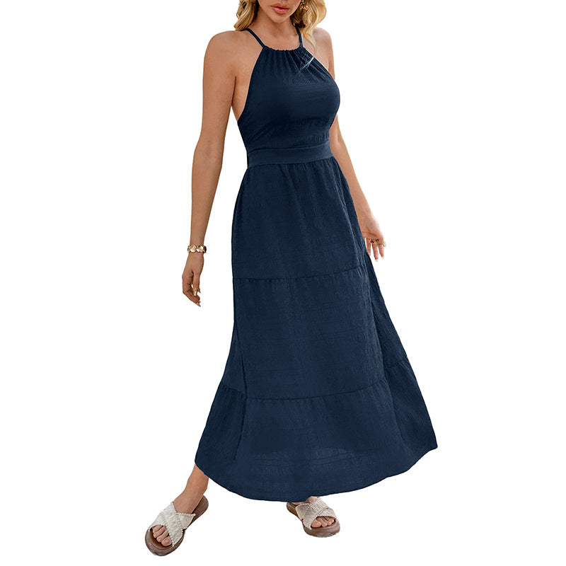 Casual Resort-style Halterneck Solid-color Waist-cinching Dress