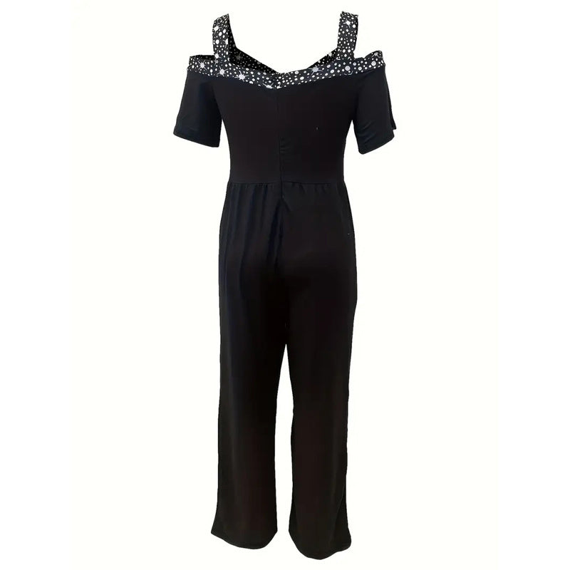 Plus Size Women's Solid Color V-Neck Jumpsuit With Rhinestone Detail - Wide Leg Romper For Spring&Summer