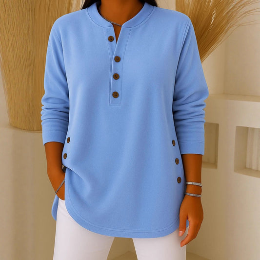 V-neck Button Solid Color Knitted Long Sleeve T-shirt