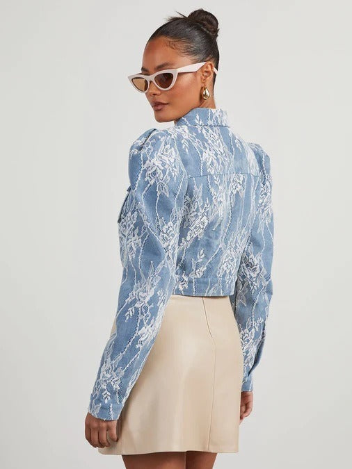 Fashion Casual Loose Floral Lace Denim Jacket