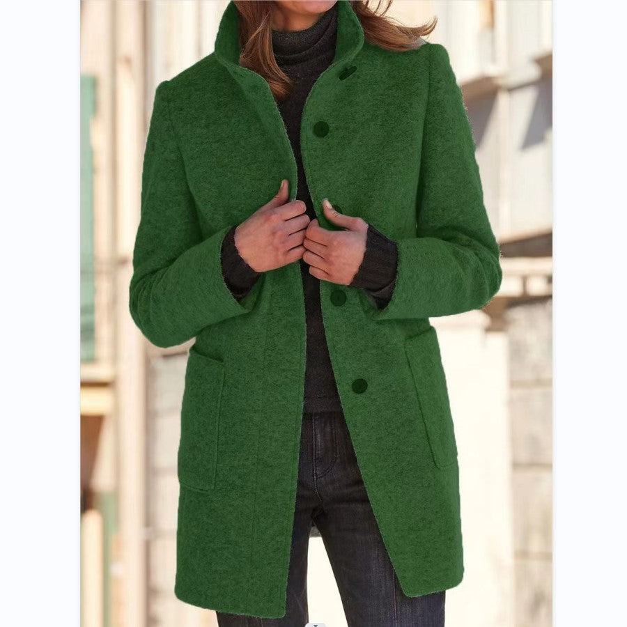 Stand Collar Woolen Coat With Pockets Fall Casual Button Outwear