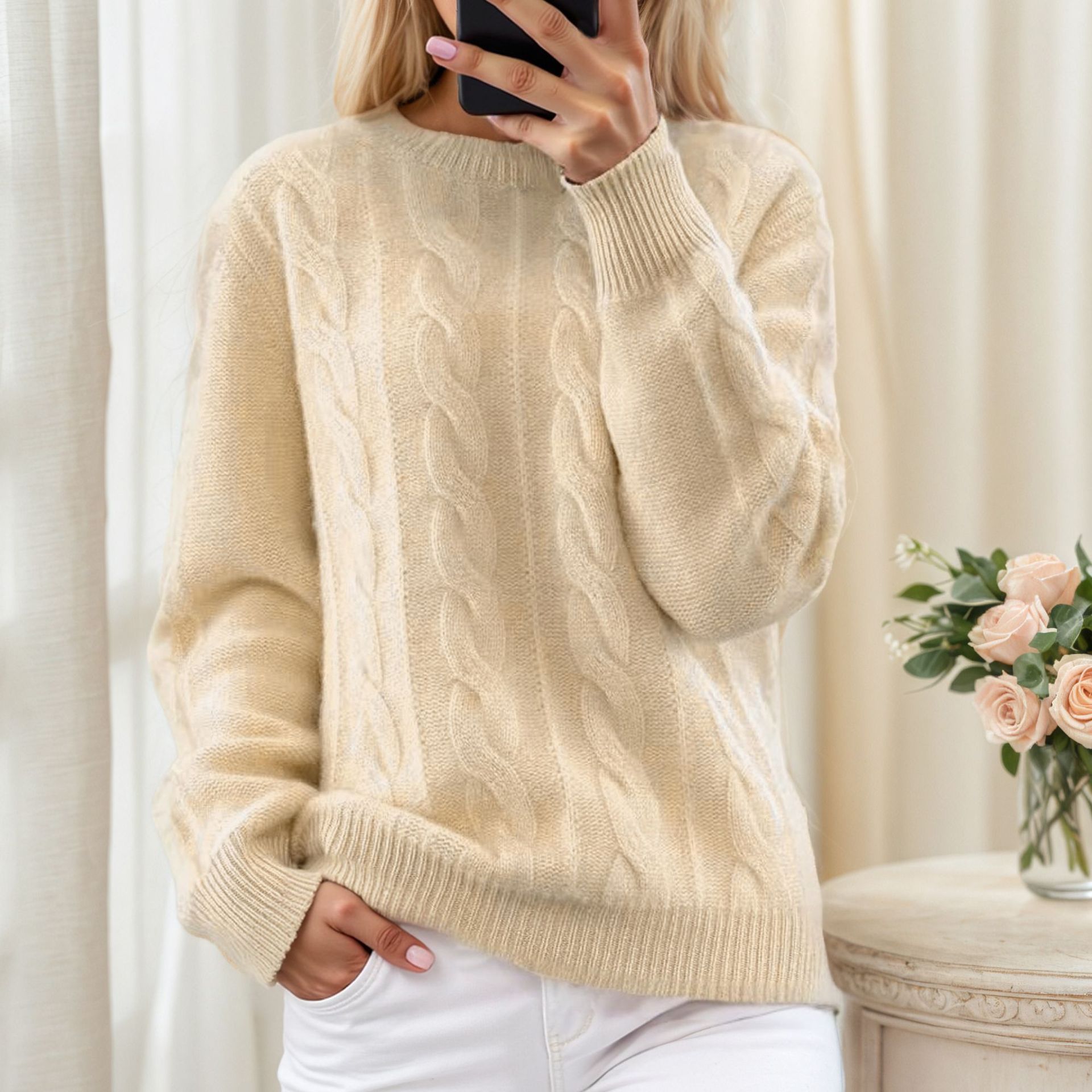Womens Crew-Neck Solid Color Jacquard Knit Retro Pullover Sweater