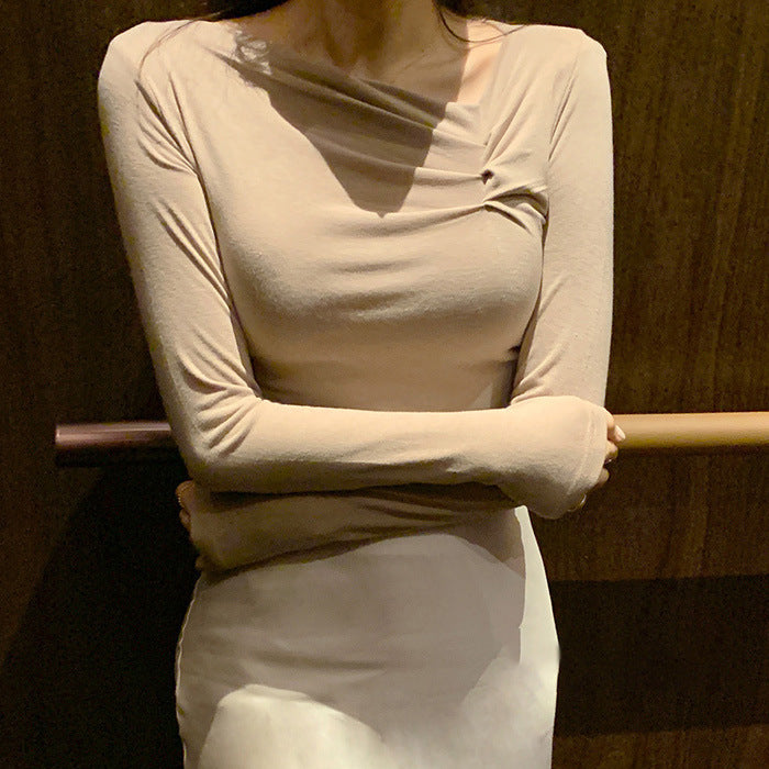Diagonal Collar Long Sleeved Fitted T-shirt Base Solid Color Top
