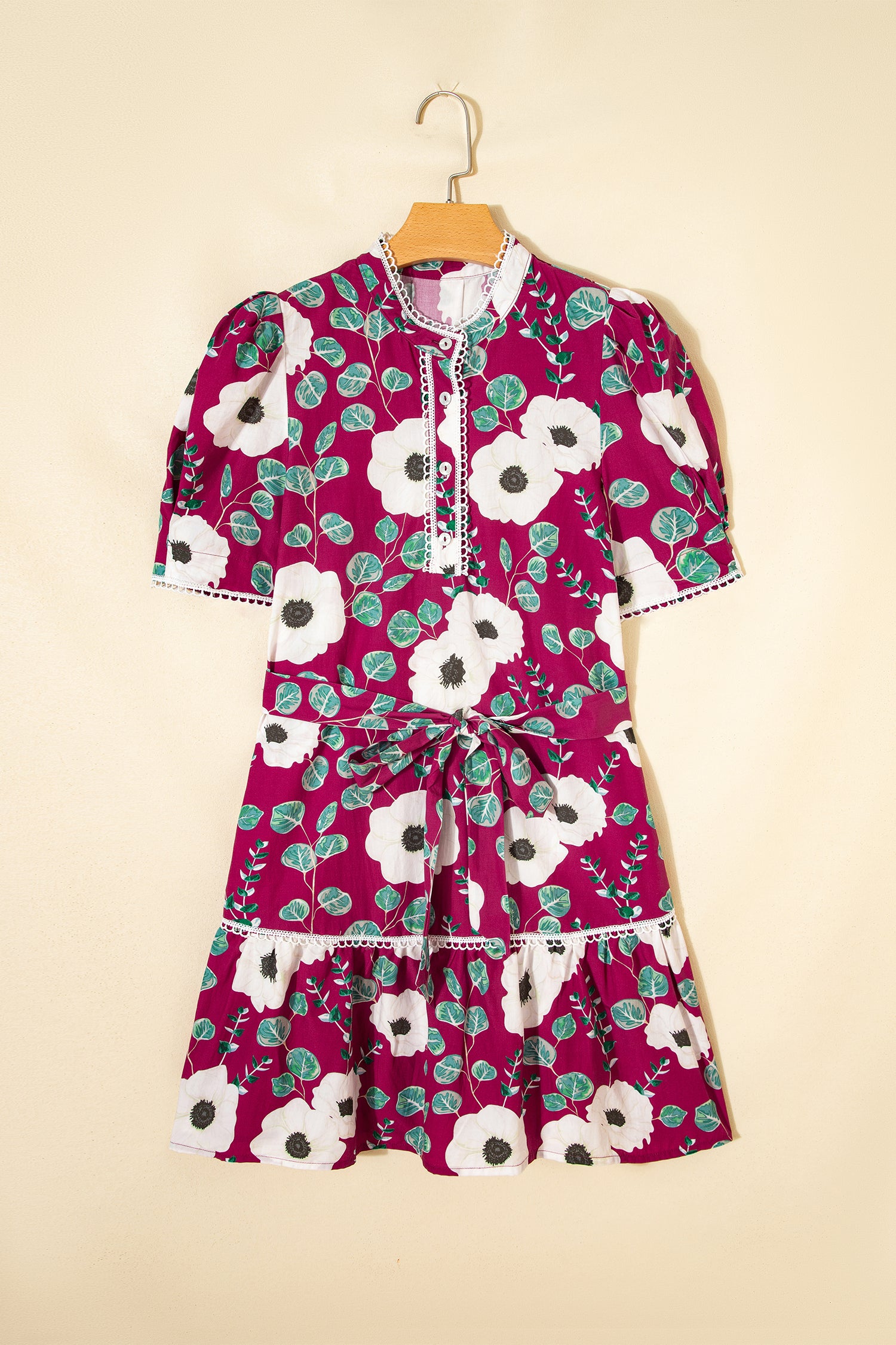 Red Floral Print Trimmed Short Puff Sleeve Mini Dress with Belt