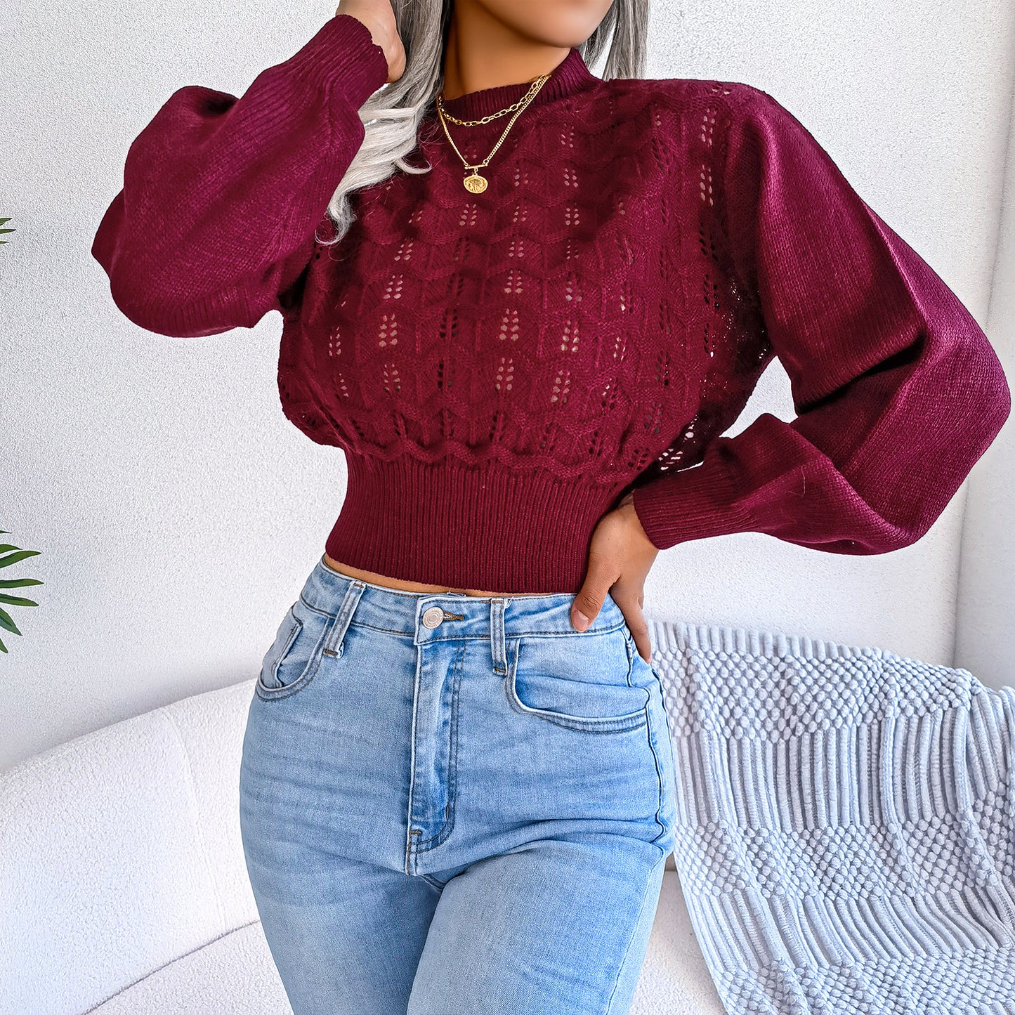 Women Street Style Solid Color Hollow Stripe Lantern Sleeve Cropped Sweater