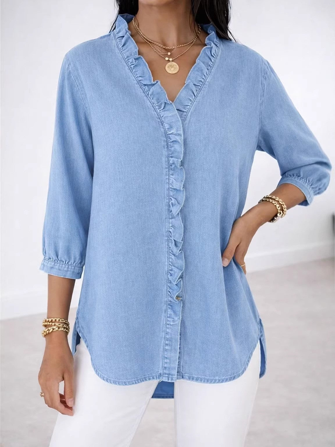 Women's Fashionable Casual Faux Denim V-Neck Shirt