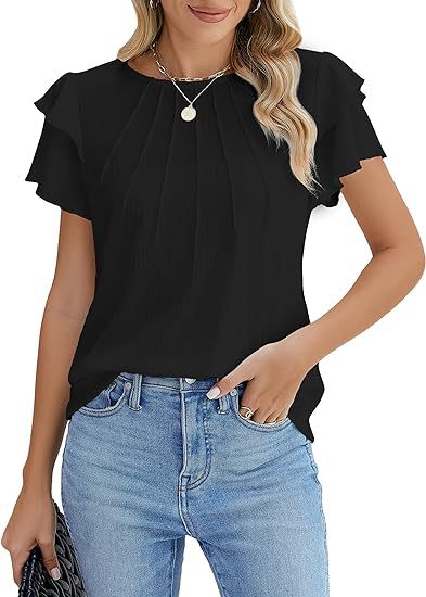 Summer Pleated Short Sleeve Round Neck Top Business Work Shirt