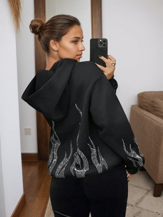 2025 New Women's Jacket With Zipper Closure, Hooded Neck, Flame Printed Sleeves, Essential Women's Coat For Autumn And Winter