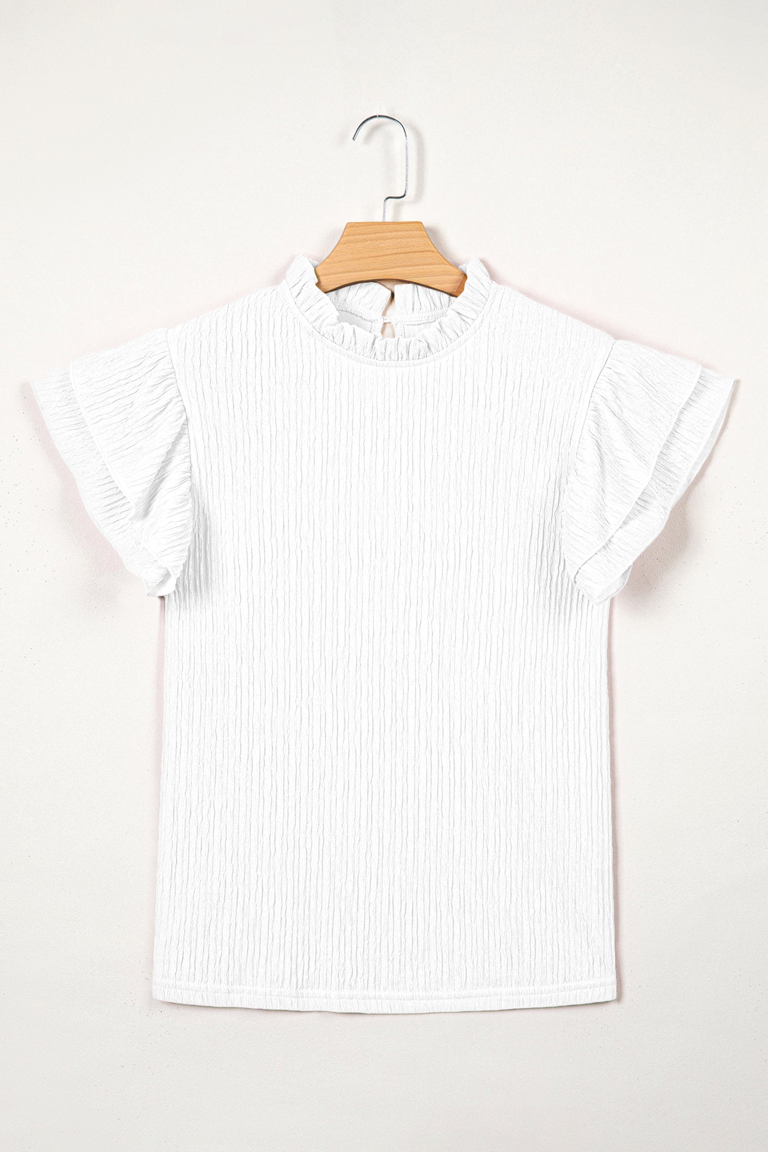 Black Solid Color Textured Ruffle Trim Short Sleeve Blouse