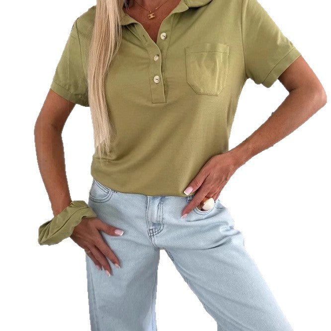 Women's Polo Collar Solid Color Pocket Short Sleeve T-shirt