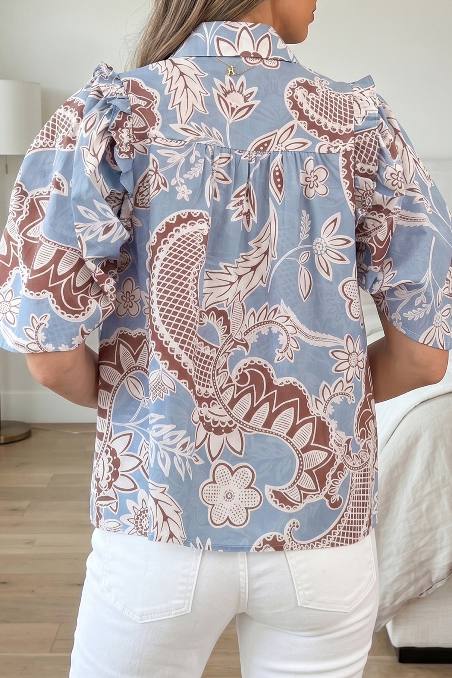 Sky Blue Boho Floral Print Scalloped Trim Button Down Short Sleeve Shirt