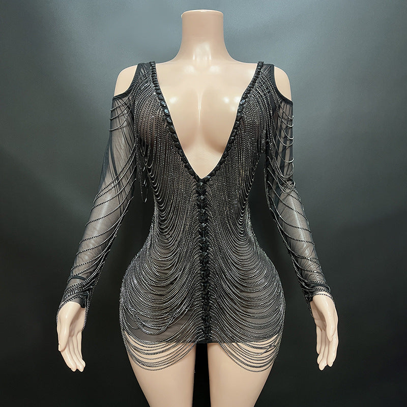 Silver Stretch Rhinestone Drill Chain Tassel Slimming Hip Skirt