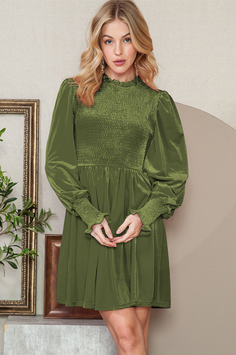 Green Smocked Lantern Sleeve Frilled Velvet Dress