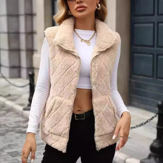 Women's Clothing Cardigan Zipper Loose Diamond Lattice Coat Plush Vest