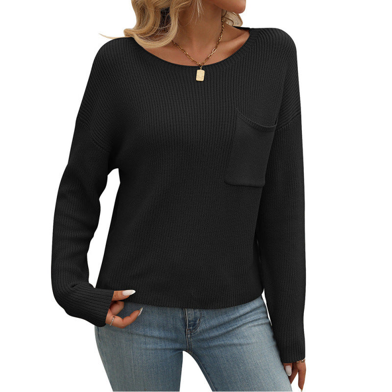 Women's Round Neck Pocket Decorative Top Long Sleeve Sweater