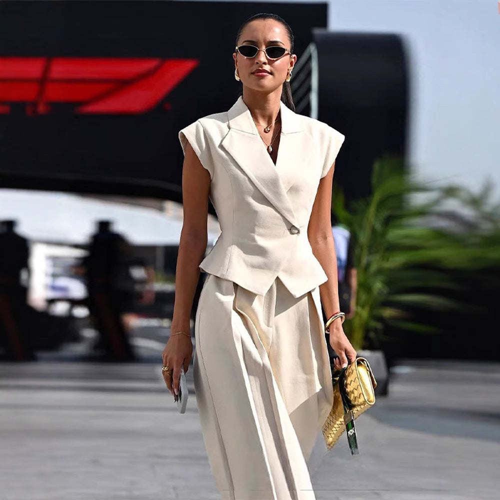 Beige Elegant Sleeveless Waist-Cinching Suit Set