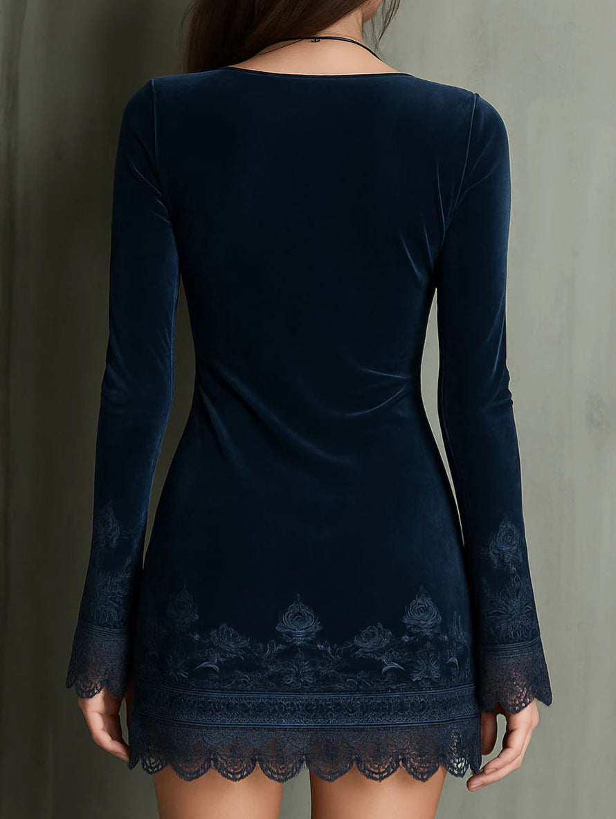 Women's V-neck Long Sleeved Velvet Lace Dress