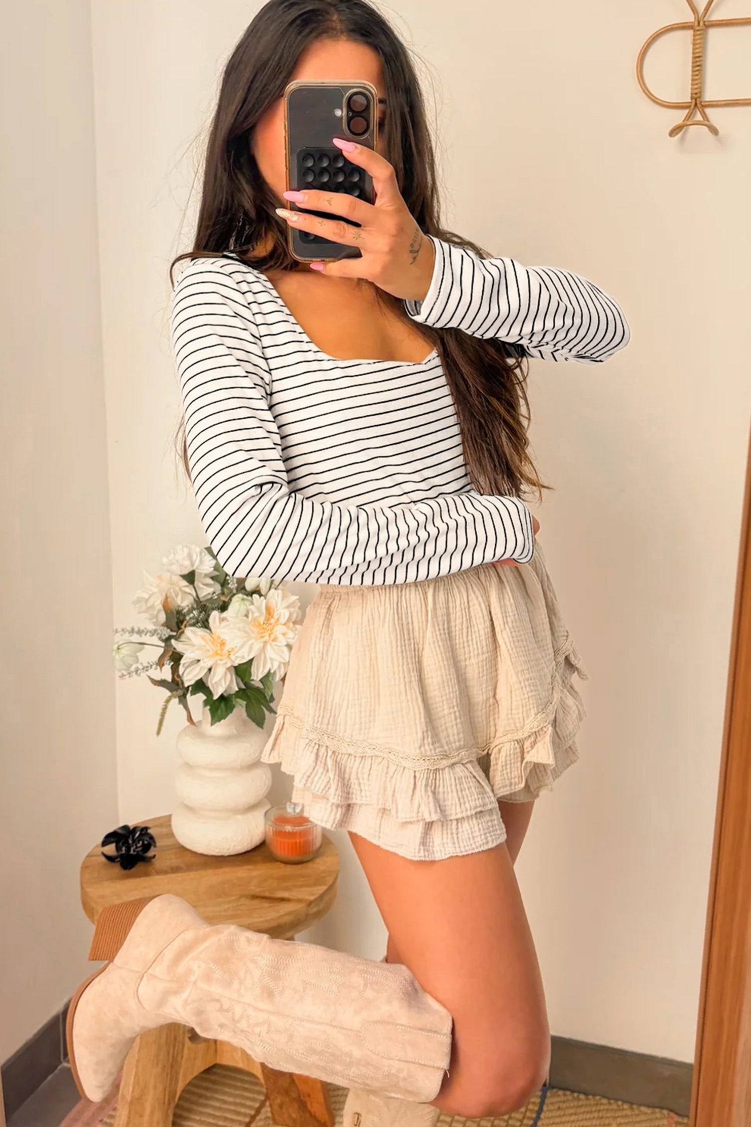 White Stripe Square Neck Long Sleeve Top