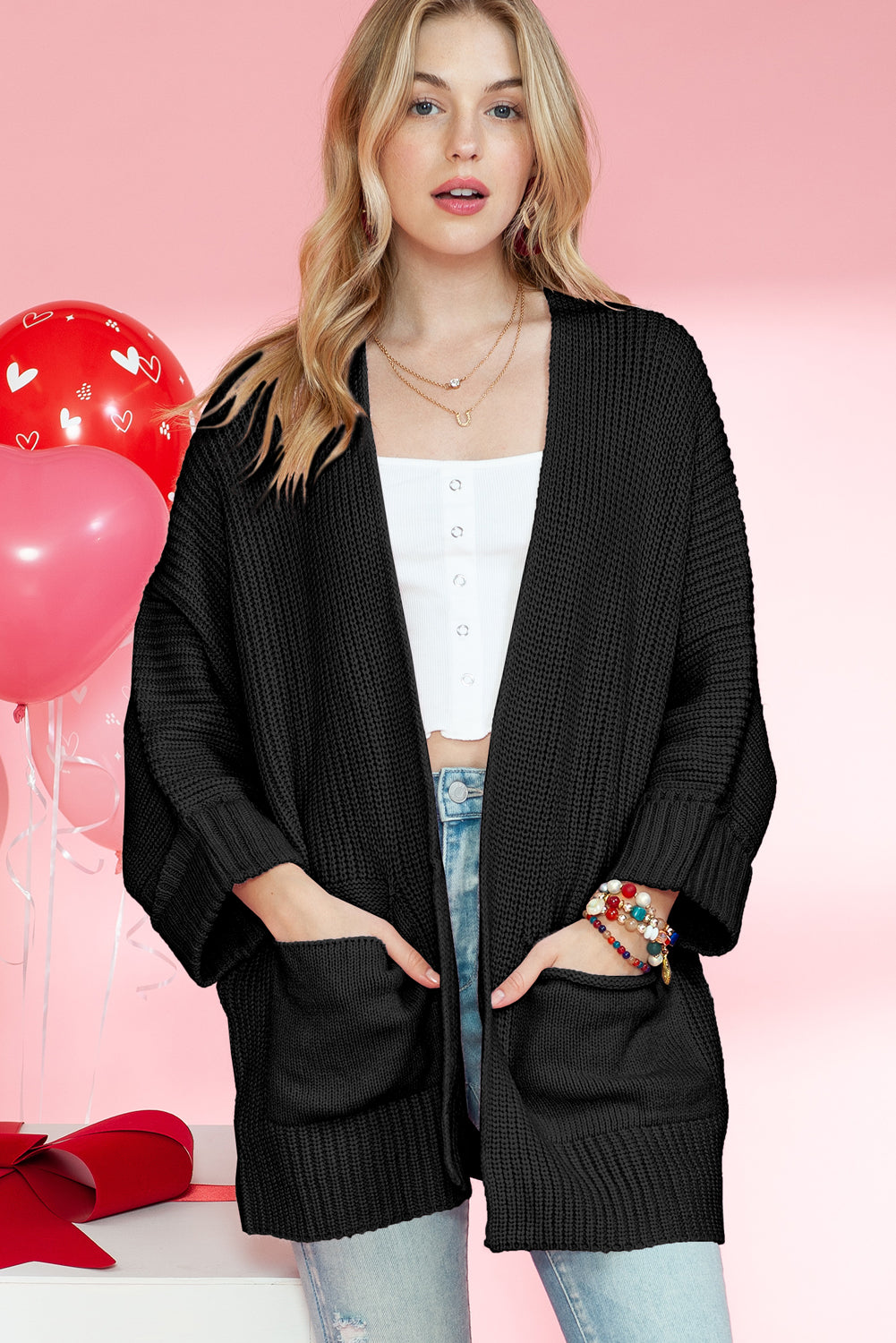 Black Batwing Sleeve Pocket Oversized Cable Knit Cardigan