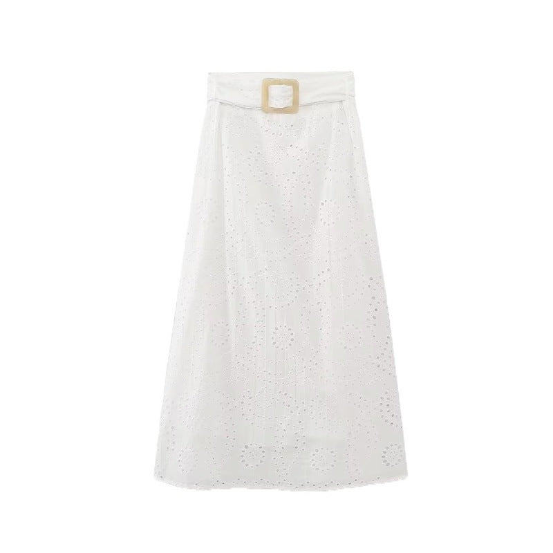 Women's White Dignified Hollow Embroidered Skirt