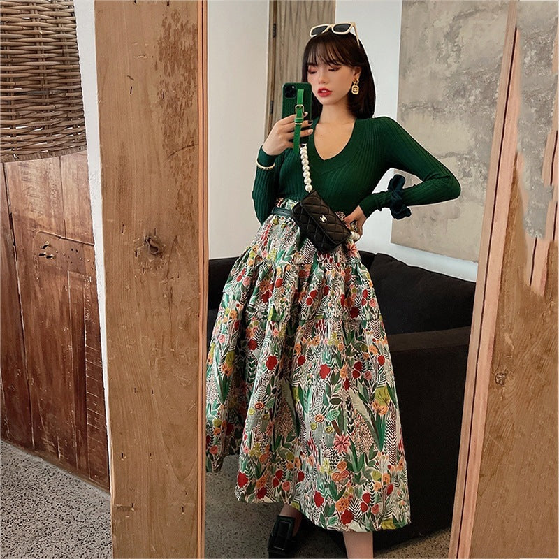 Vintage jacquard pleated puffy skirt with high waist and large hem