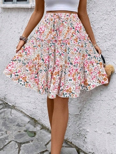 Floral Print Stretch Waist Skirt Knee Layered Hem A- Line Skirt