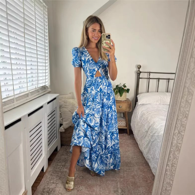 Womens Midriff-baring Backless Lace-up Printed Dress